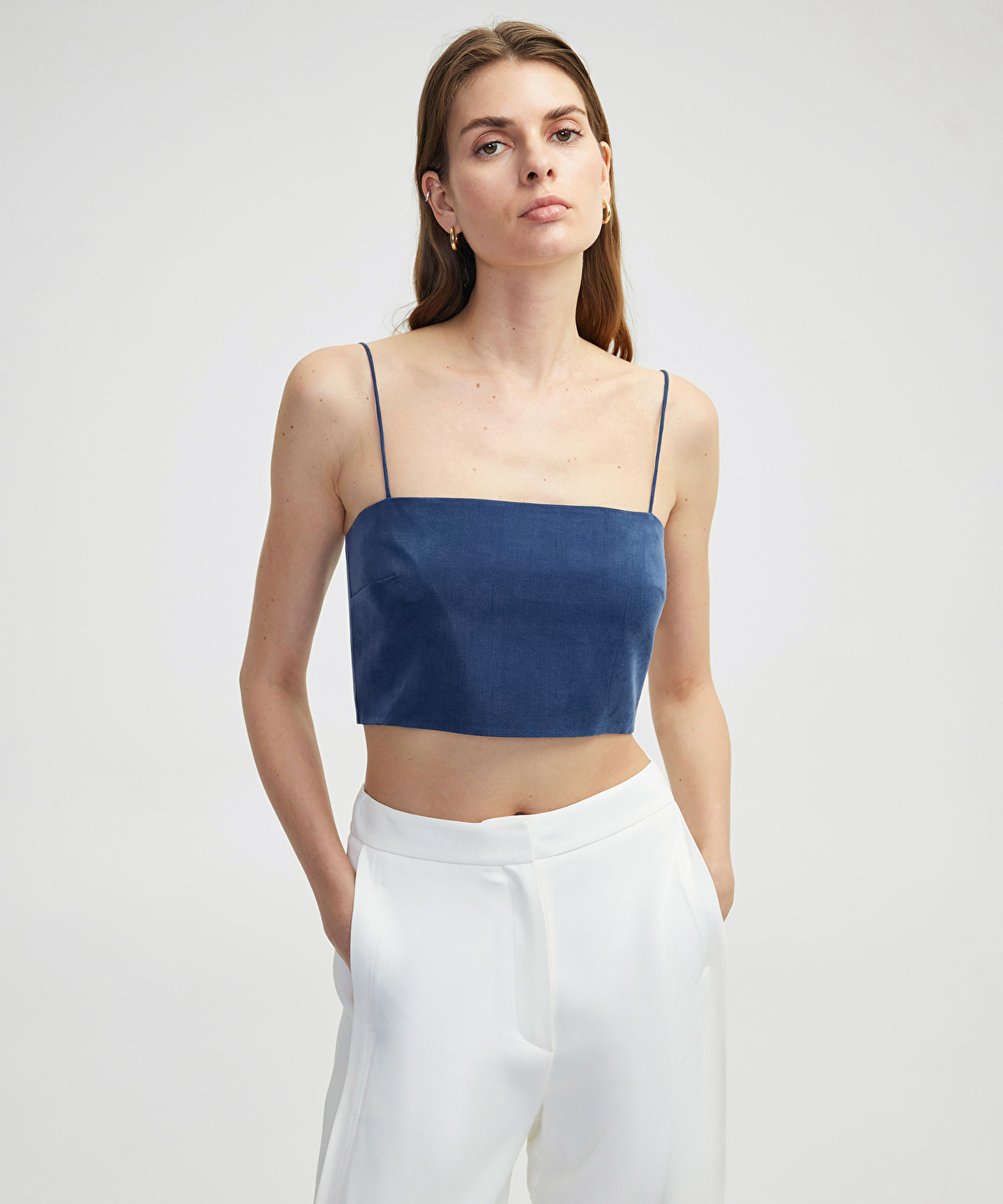 Lacivert Kare yaka crop bluz IS1250006095015 | İpekyol