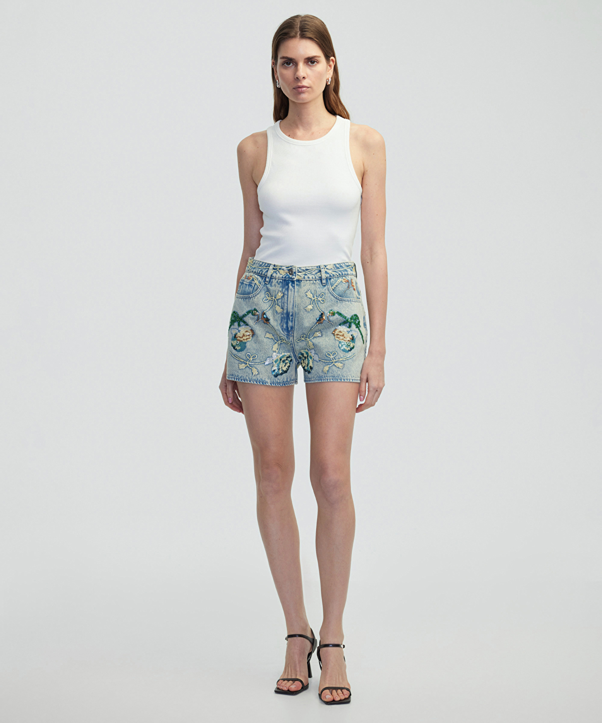 Floral nakışlı denim şort -1
