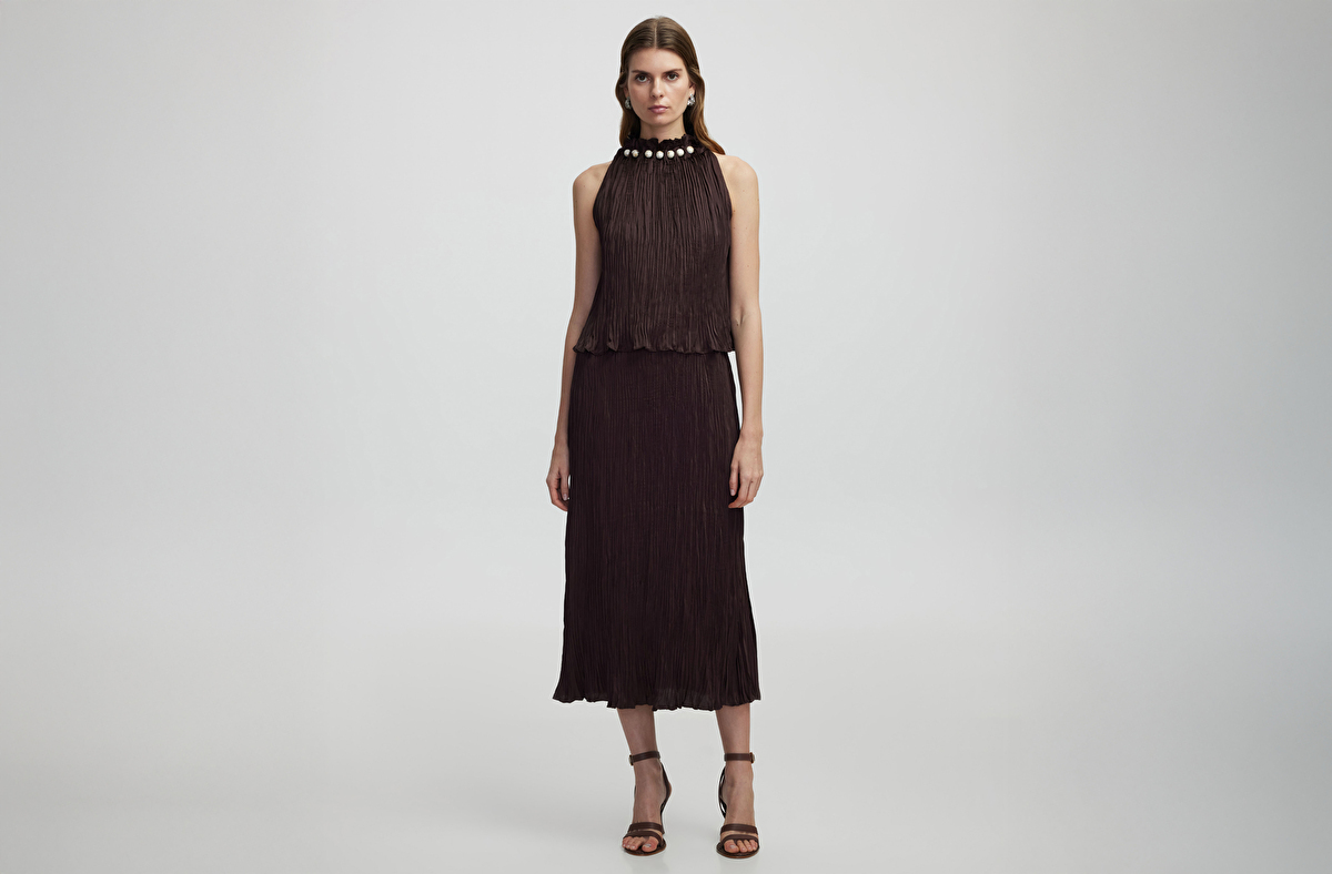 Halter yaka midi elbise - IS1250002211074 - Kahverengi Elbise