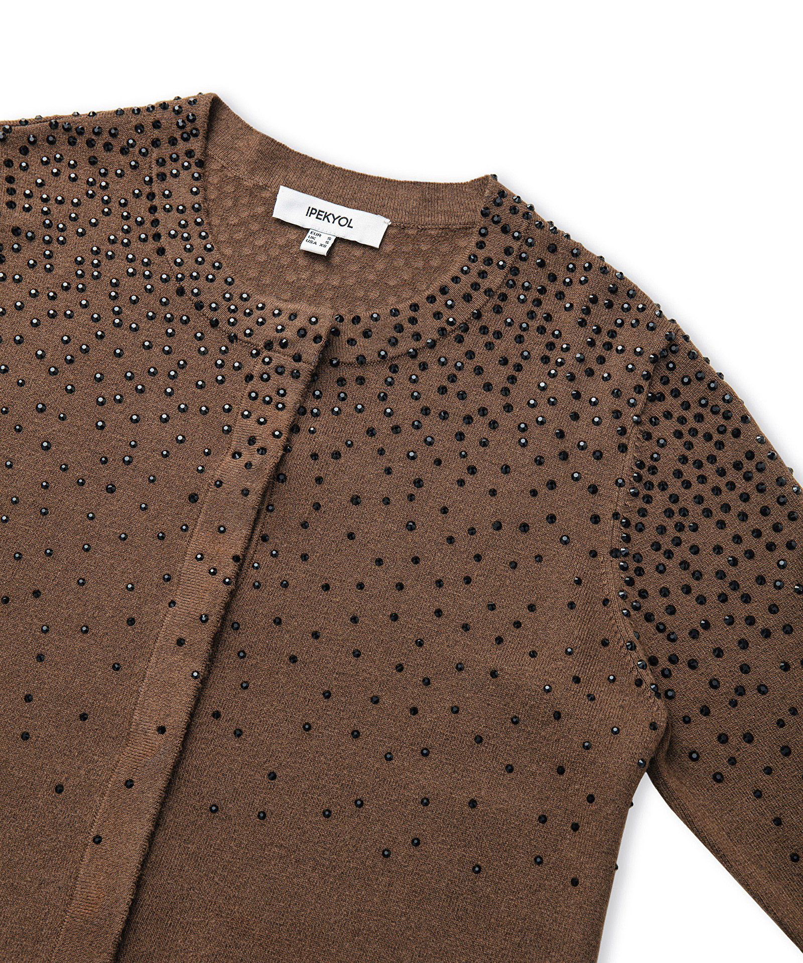 Kahverengi Hotfix baskılı triko hırka IW6240050222074 | İpekyol