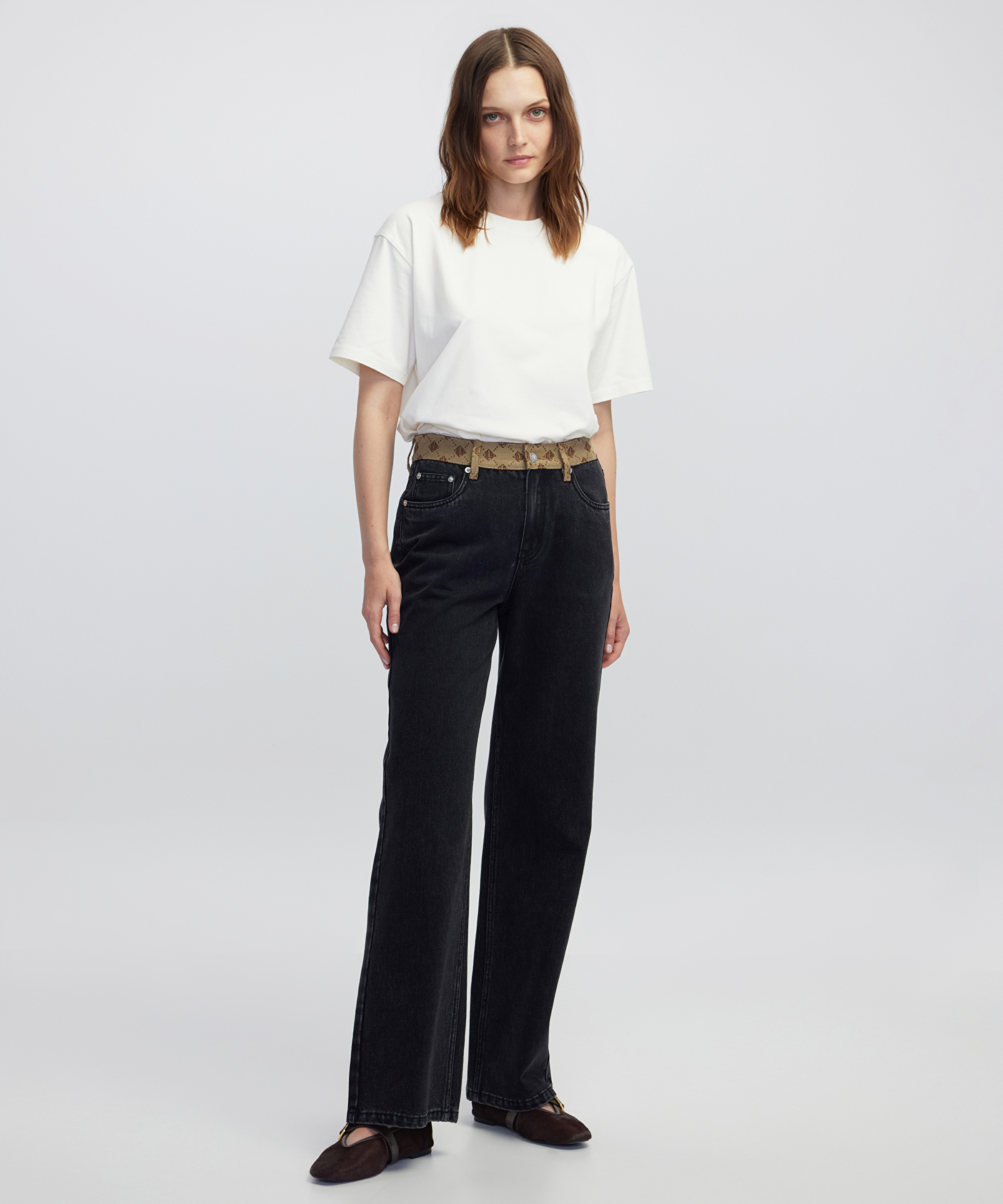 Monogram jakarlı jean pantolon