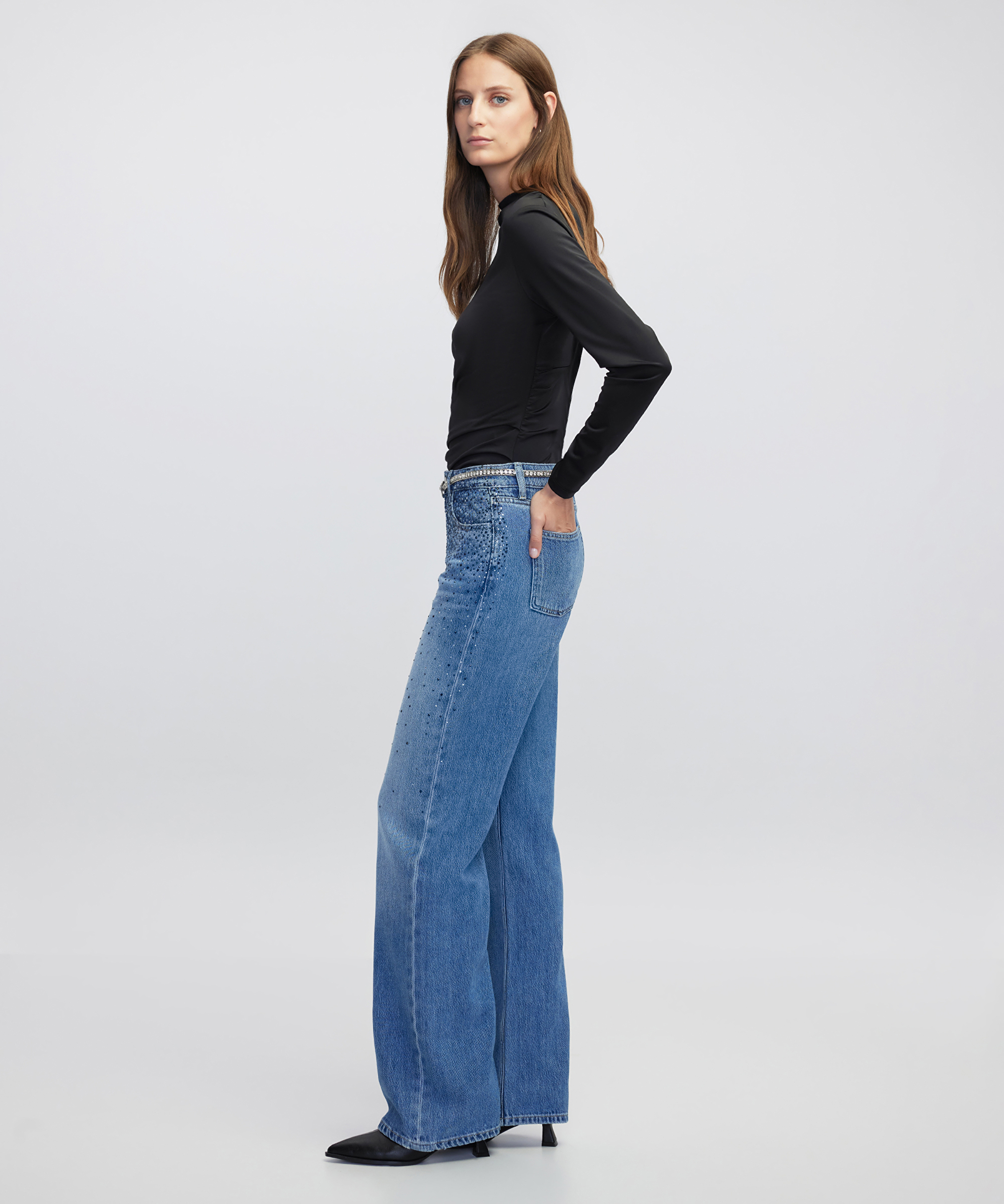 Hotfix baskılı wide leg fit jean pantolon_1