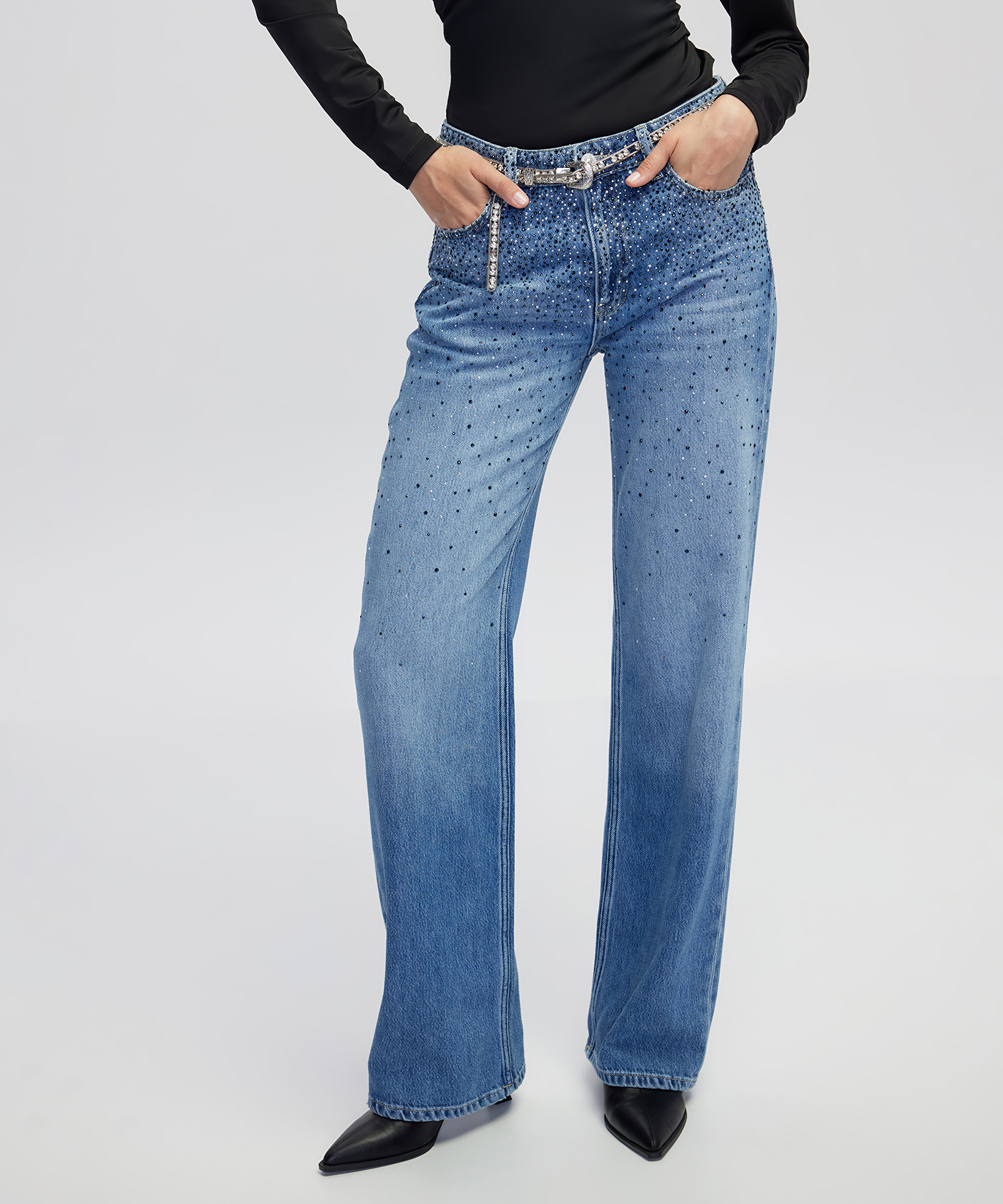 Hotfix baskılı wide leg fit jean pantolon_2