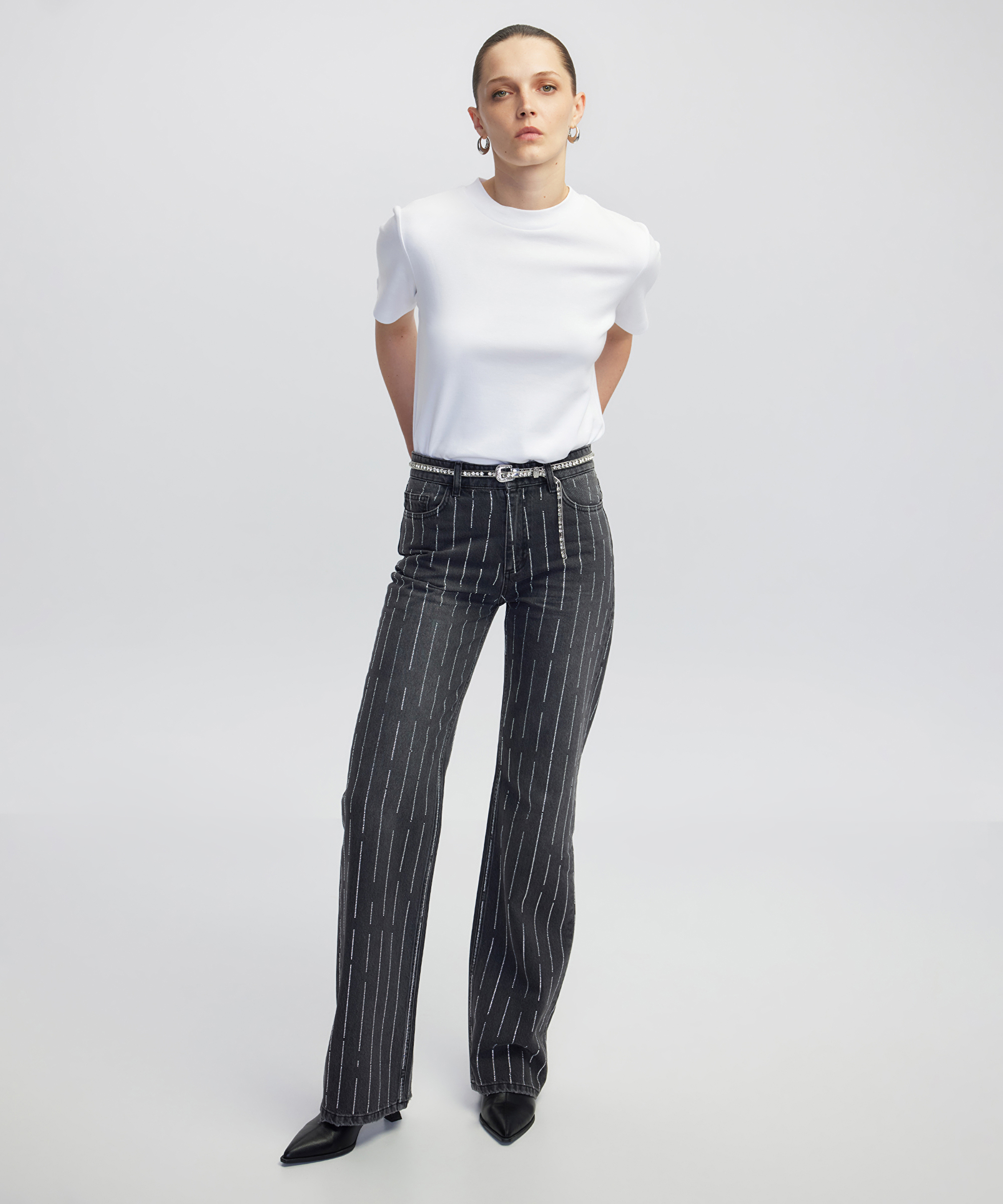 Hotfix baskılı wide leg fit jean pantolon