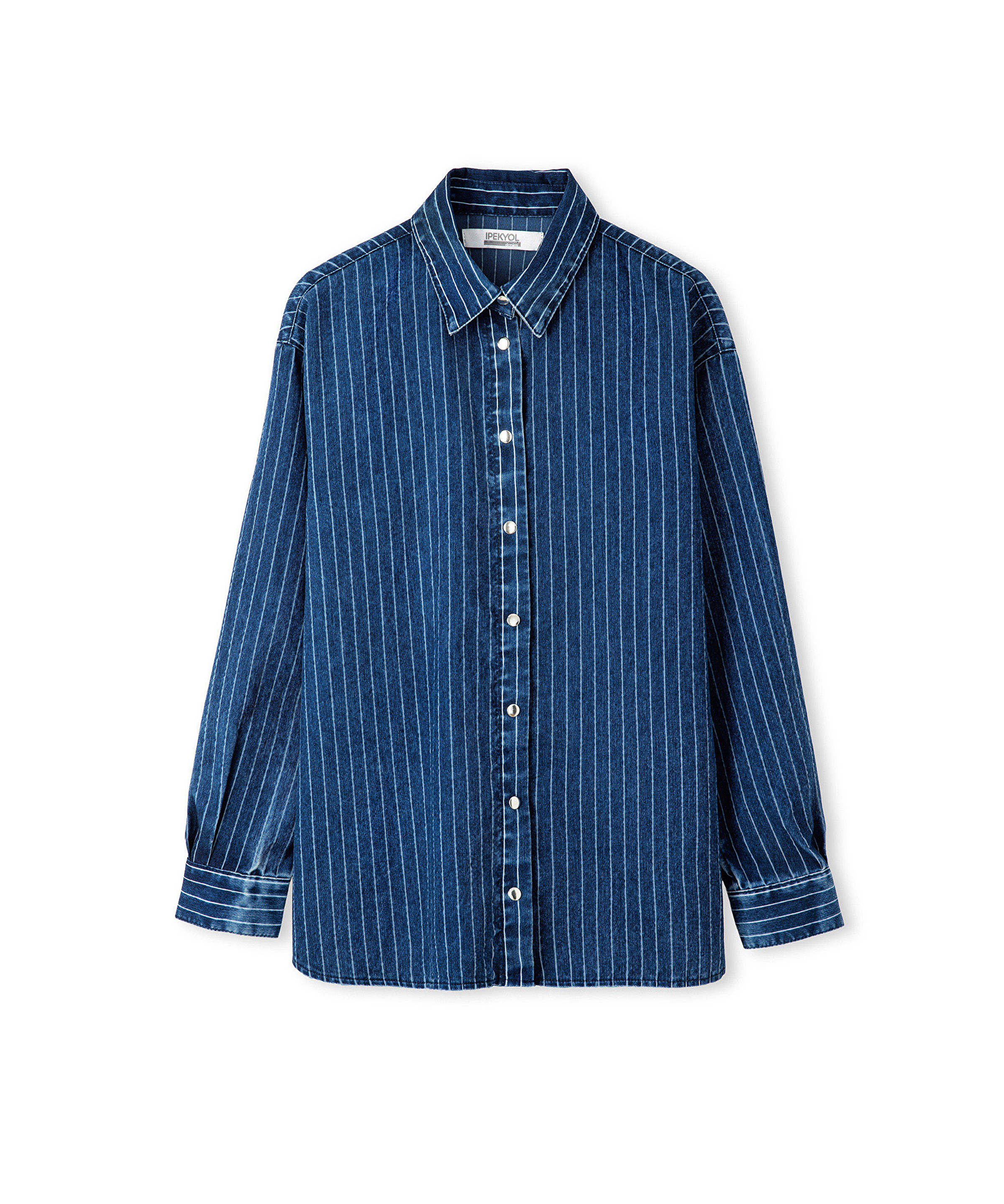 Çizgili denim gömlek _4