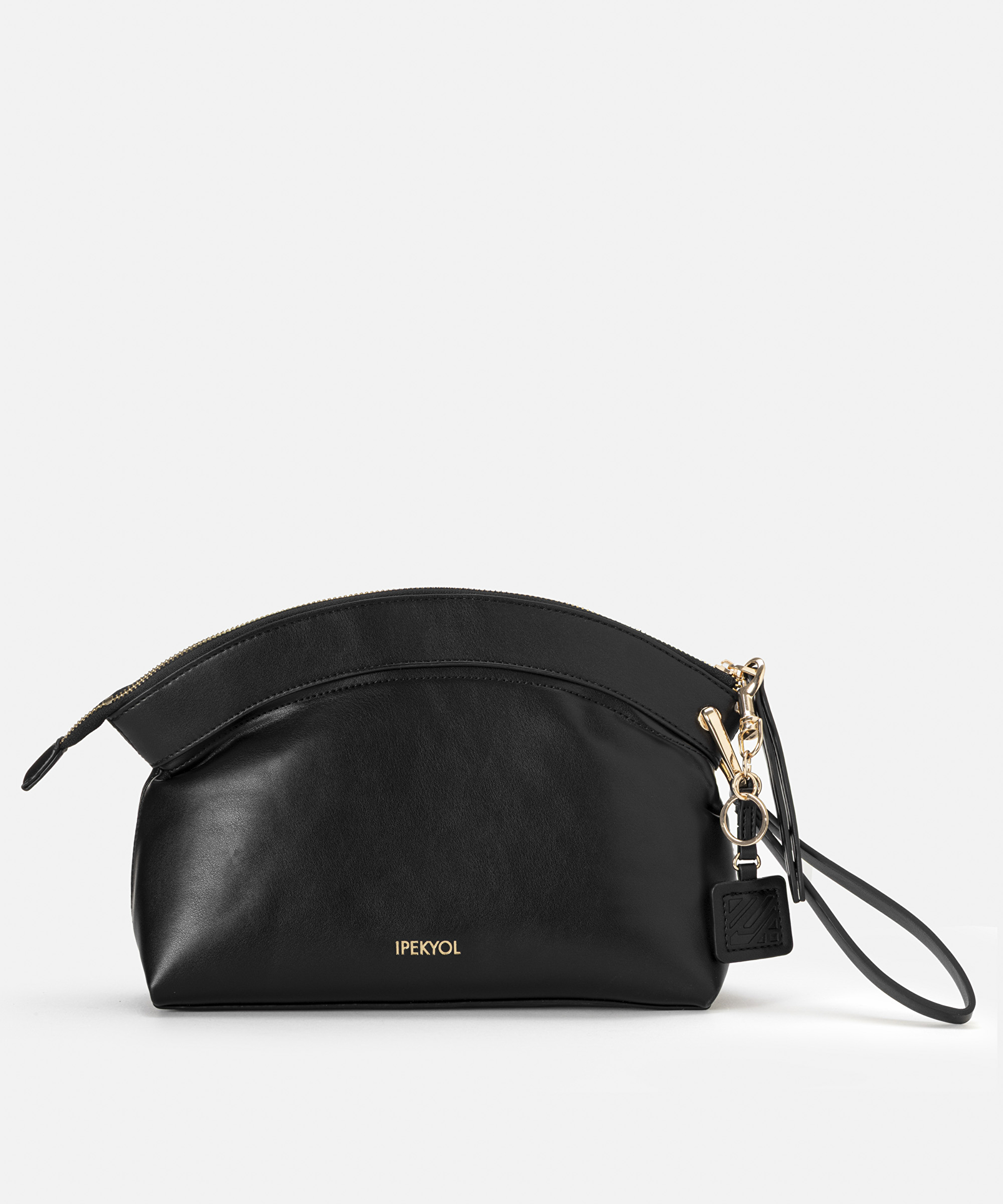 Deri görünümlü monogram tokalı clutch