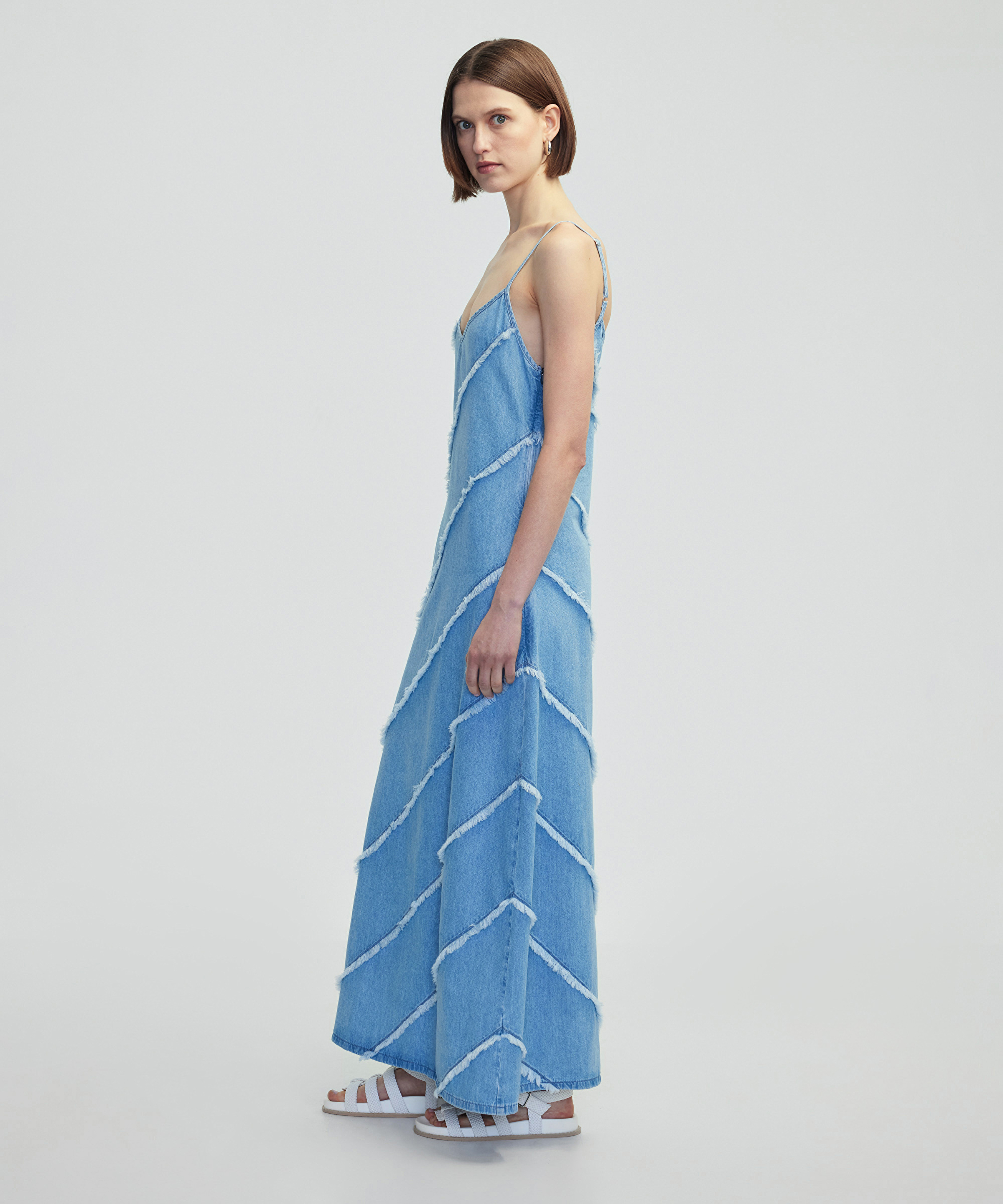 Diyagonal püsküllü denim elbise_2