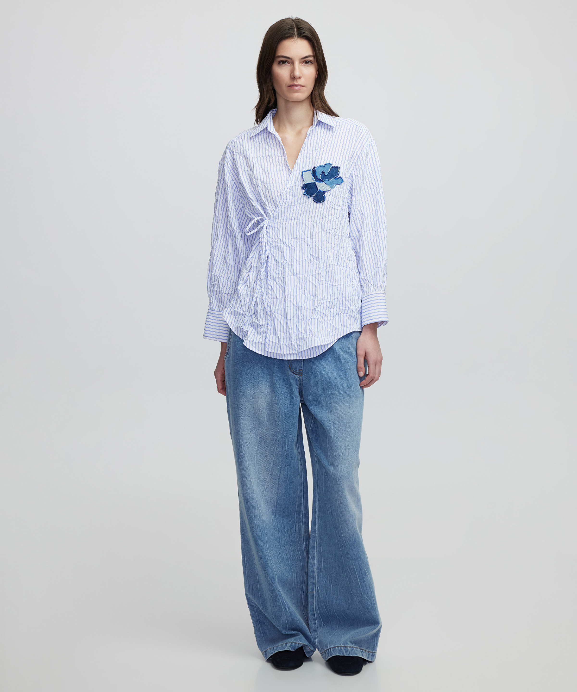 Denim aplikeli çizgili bluz_1