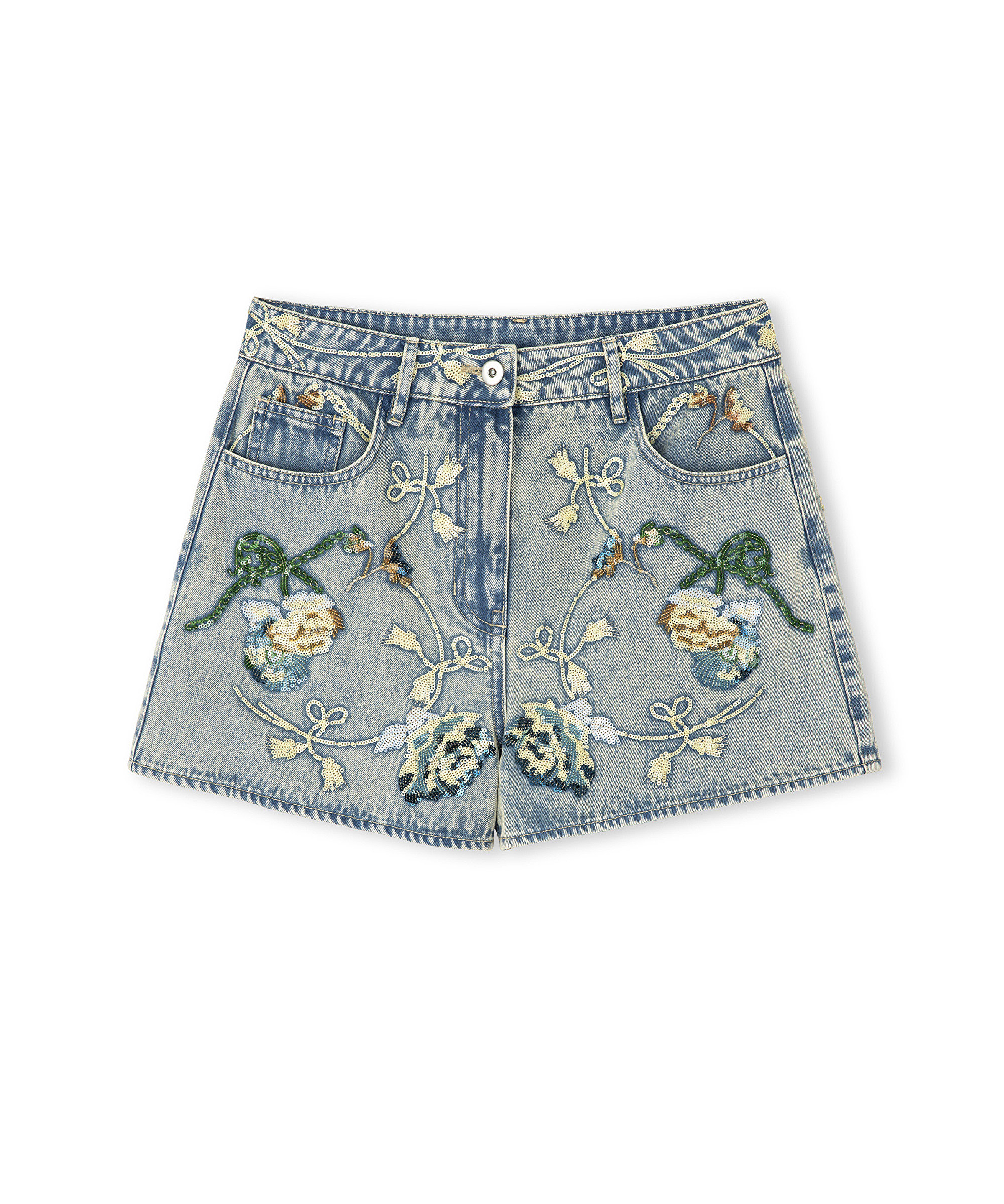 Floral nakışlı denim şort_5