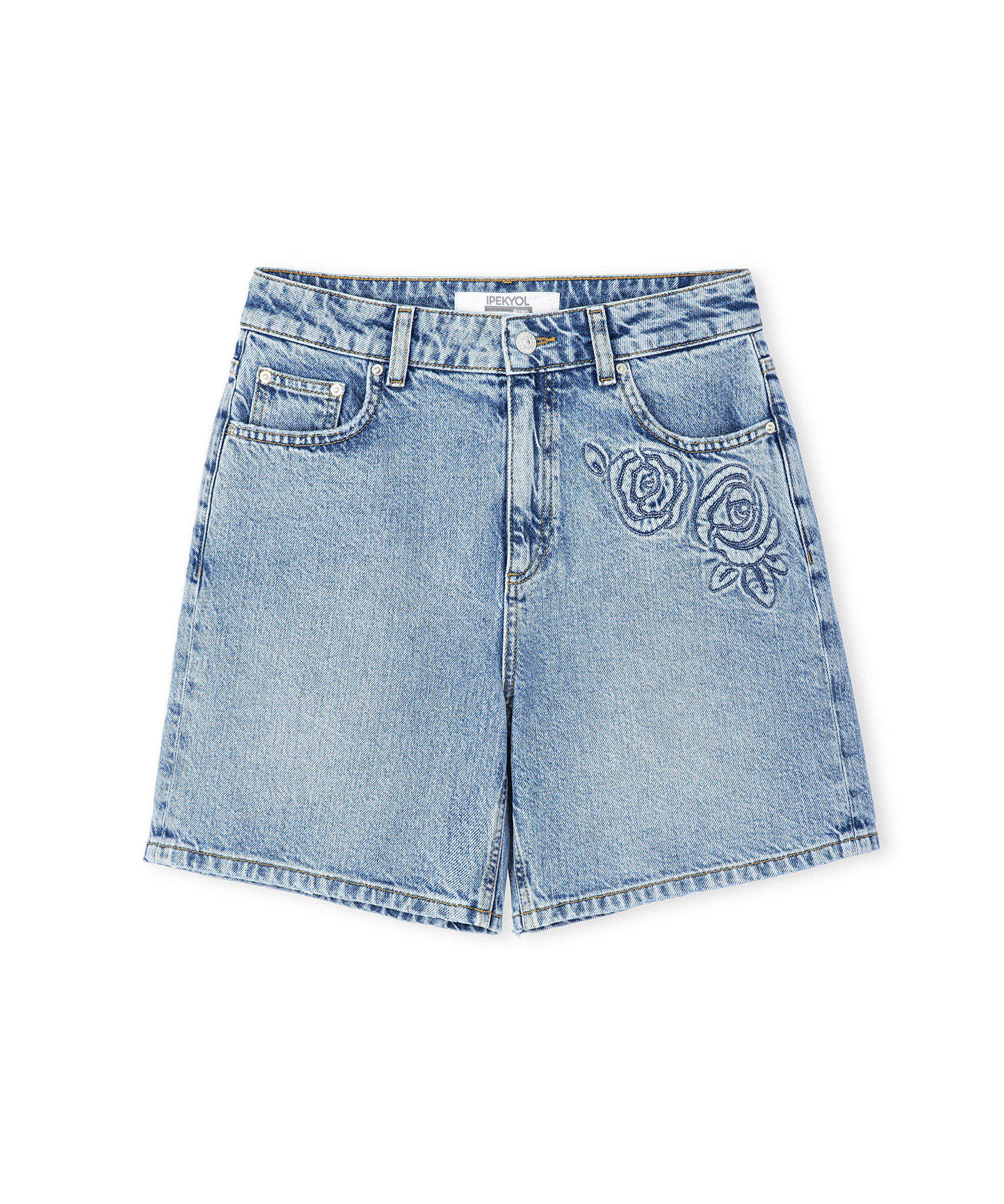 Çiçek motifli denim şort_5