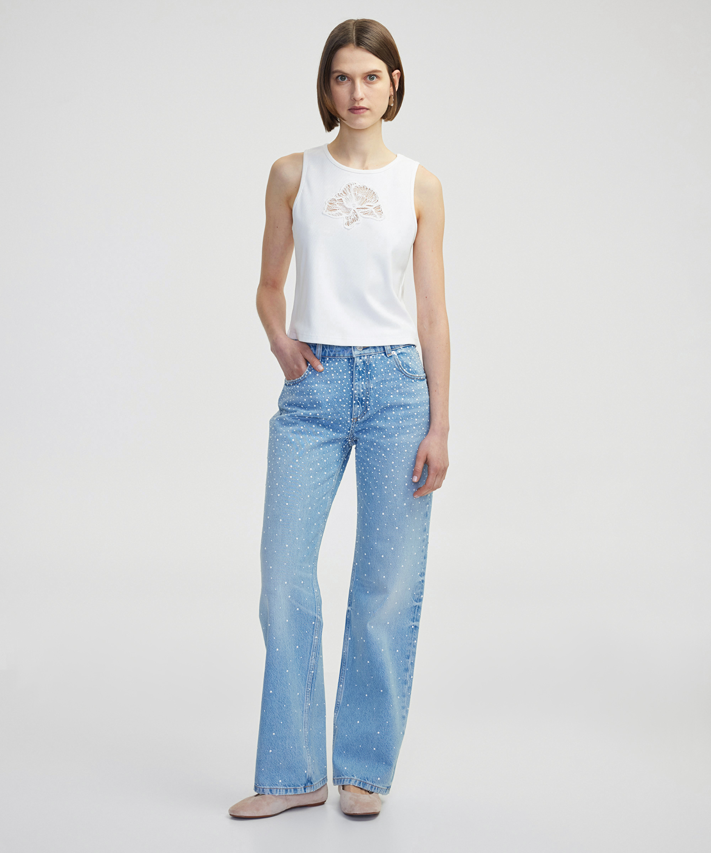 Hotfix baskılı wide leg jean pantolon