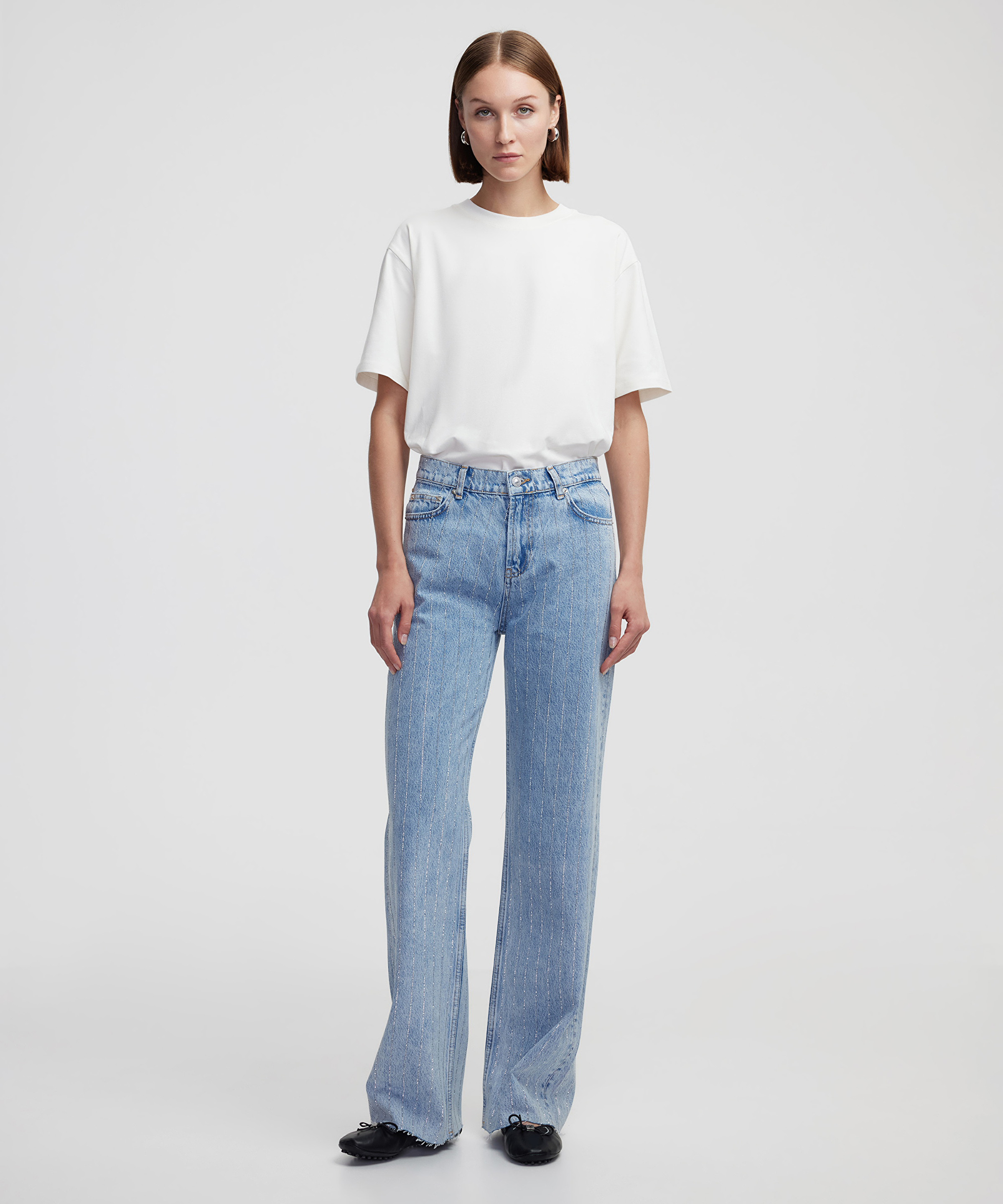 Hotfix baskılı wide leg jean pantolon