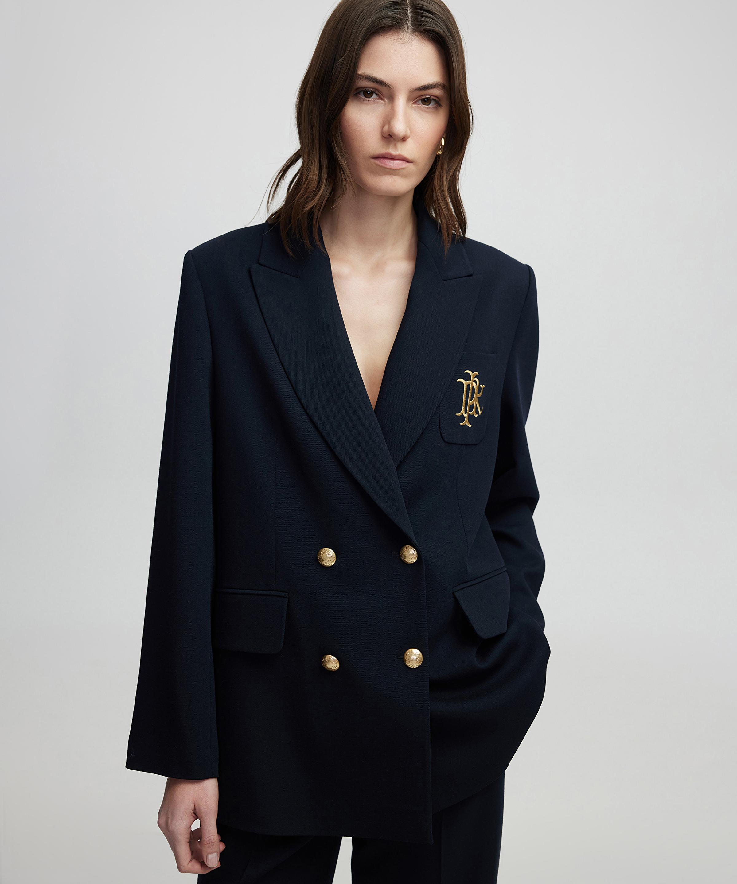 Monogram nakışlı kruvaze blazer