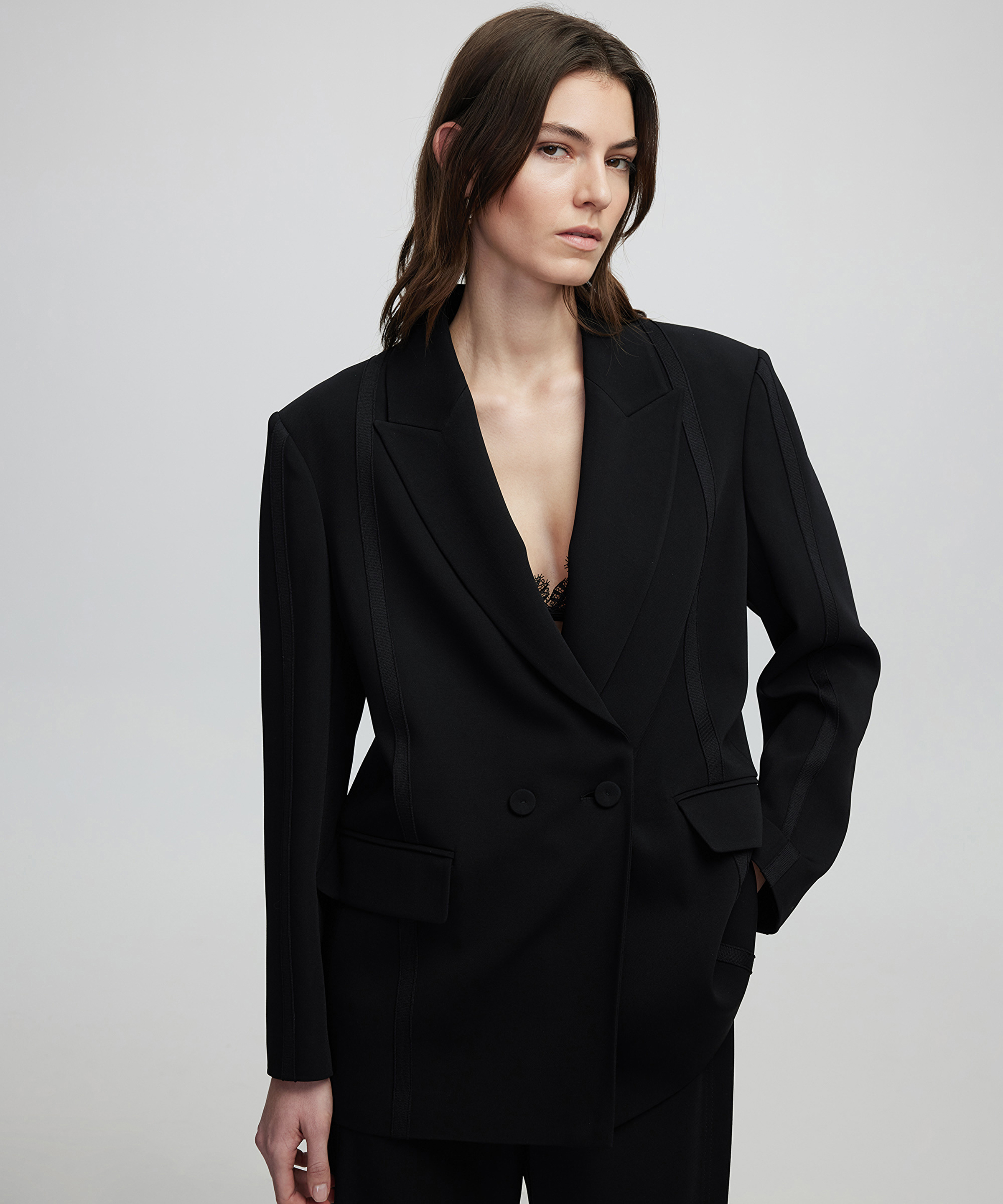 Triko şerit aplikeli blazer