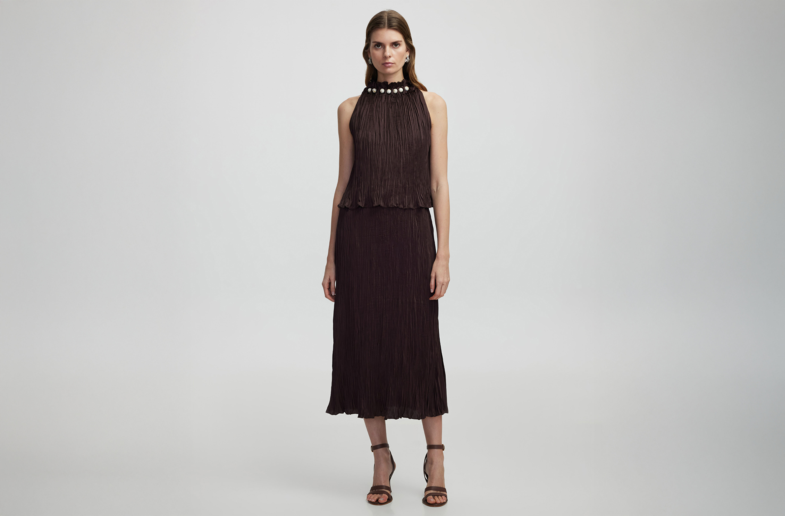 Halter yaka midi elbise - IS1250002211074 - Kahverengi Elbise