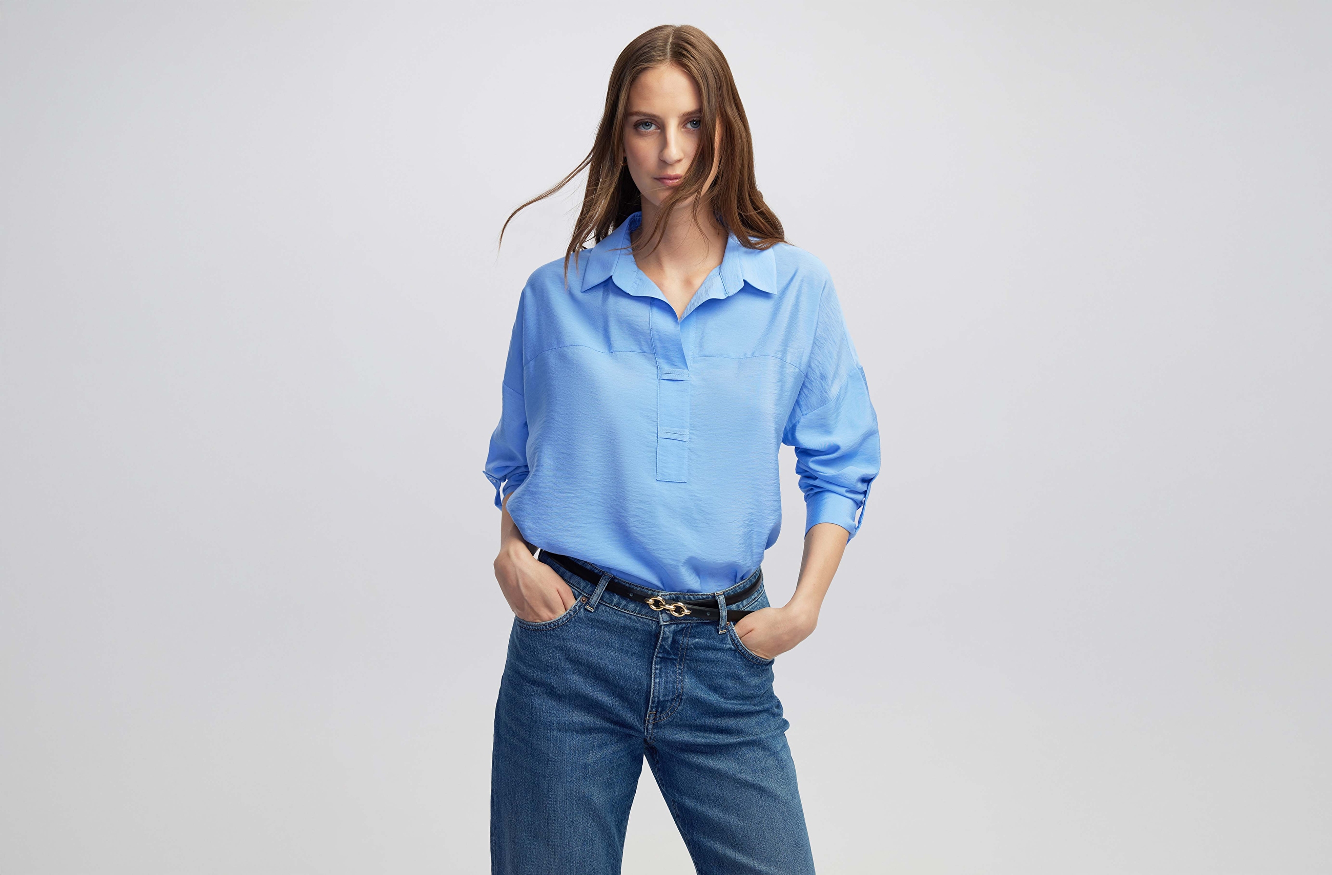 Gömlek yaka bluz - IW6250006060089 - Mavi Bluz