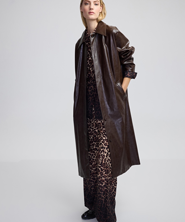 Kahverengi Deri görünümlü pardösü IW6240011032074 | İpekyol