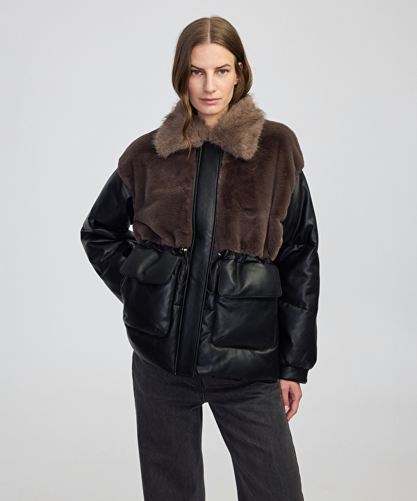 Siyah Suni kürk mix ayarlanabilir bel şişme mont IW6250012206001