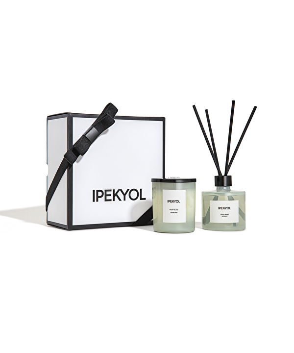 Bej PEONY BLANC Çubuklu oda kokusu ve mum hediye seti