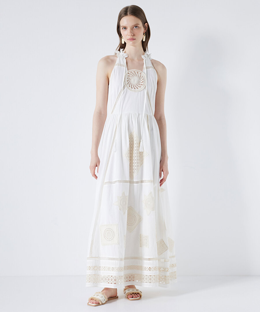 Güpür aplikeli maksi elbise - IS1240002324096 - Kırık Beyaz Elbise