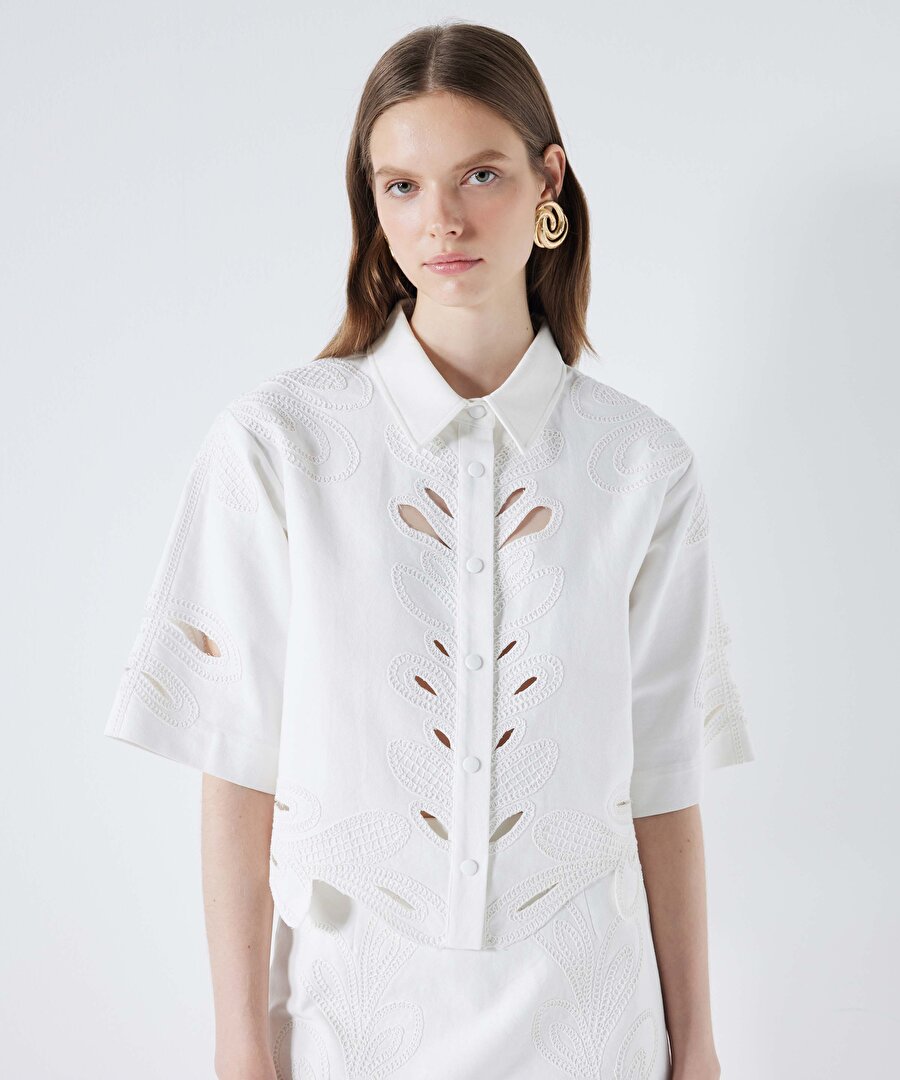 Nakışlı gömlek ceket - IS1240005072096 - Kırık Beyaz Ceket