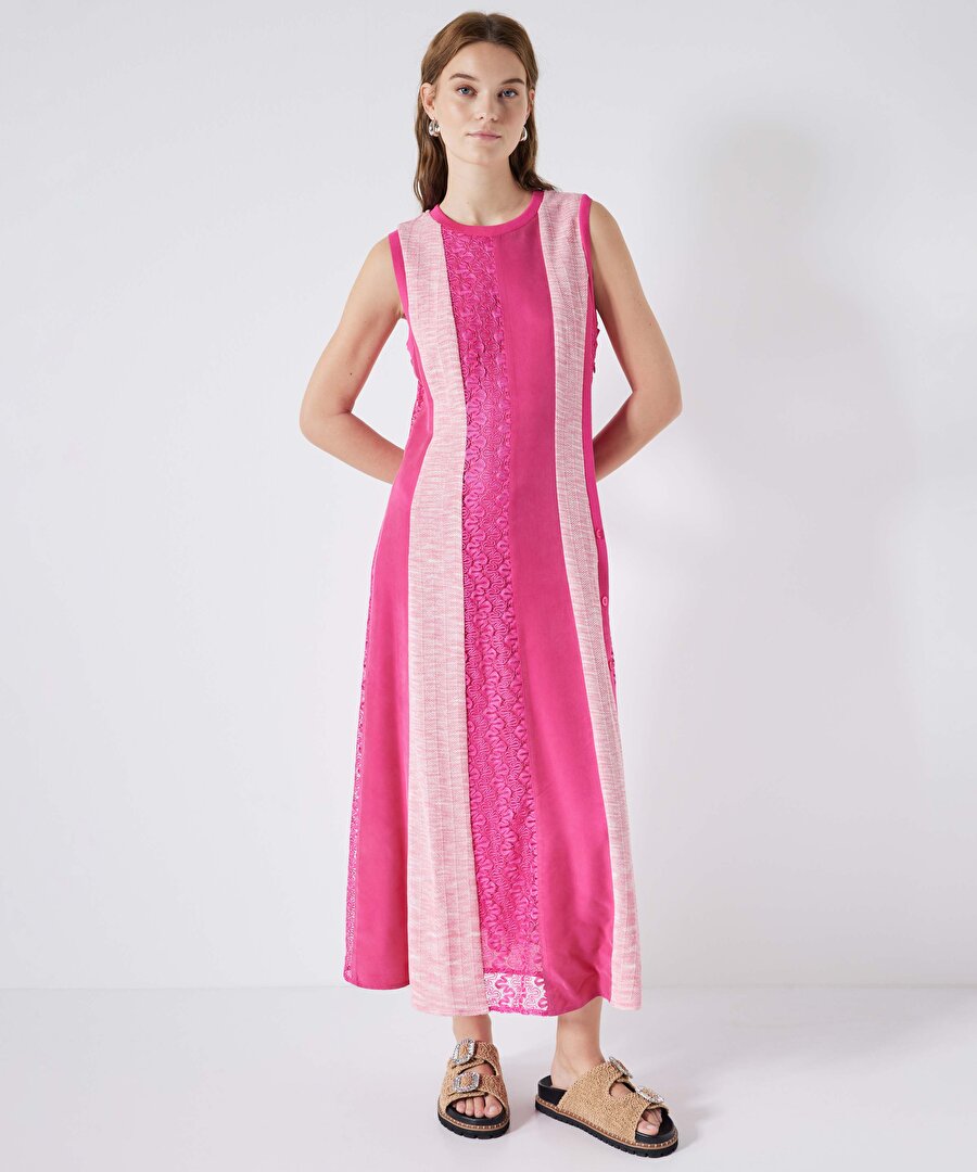 Colorblock midi elbise - IS1240002292004 - Fuşya Elbise