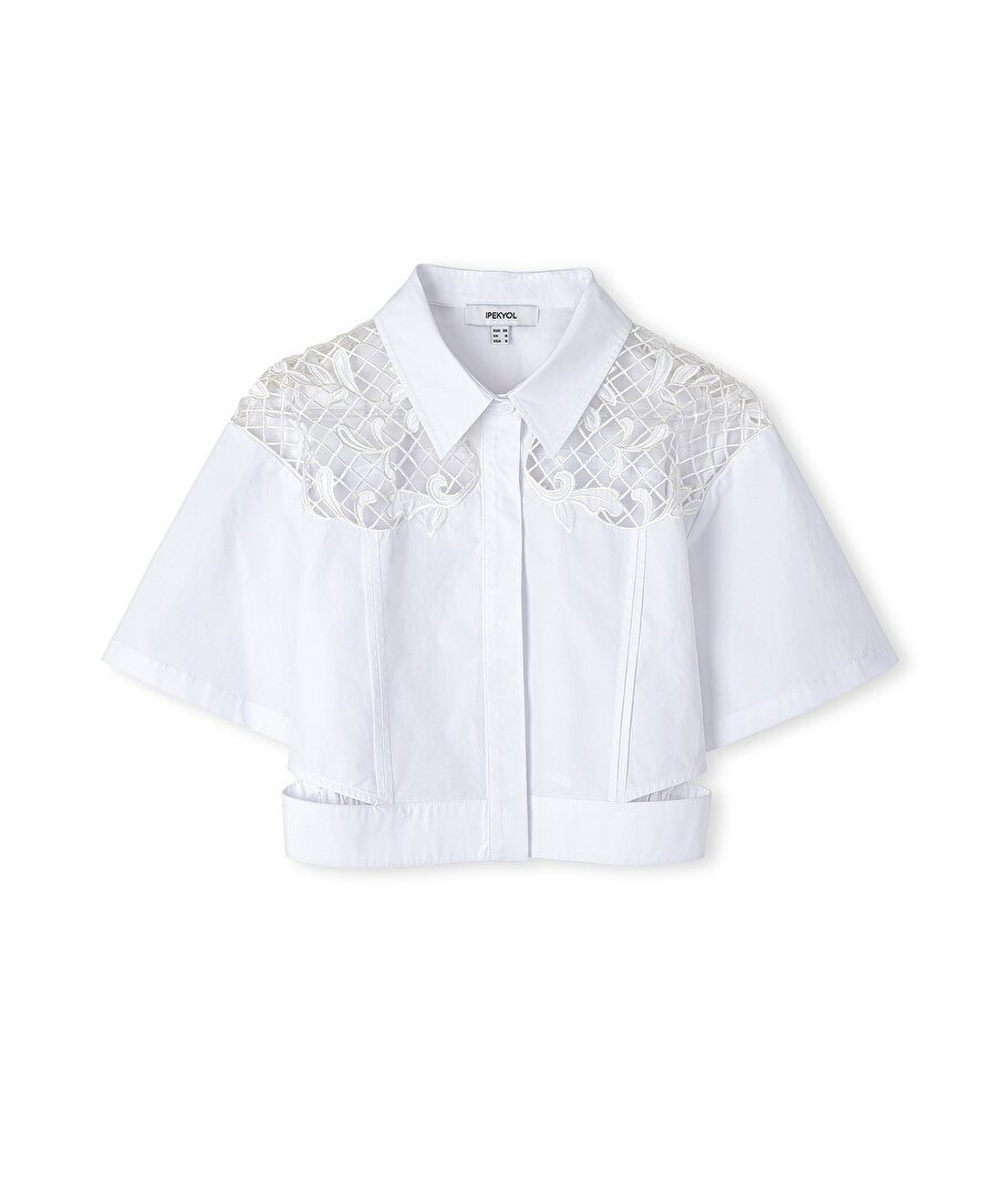 Nakışlı poplin gömlek - IS1240025158096 - Kırık Beyaz Gömlek